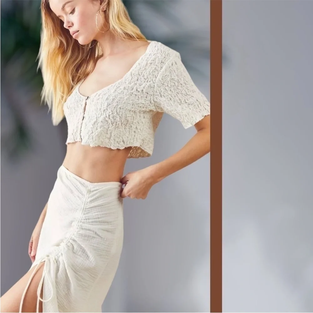 Free People New Natural Cerine Ruched Midi Skirt in Ivory NWOT - Picture 5 of 16